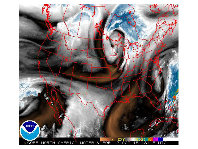 Circulation around a powerful cyclone in western Ontario flattened corn in the northern Midwest and will lead to at least some crop loss. (NOAA satellite image)